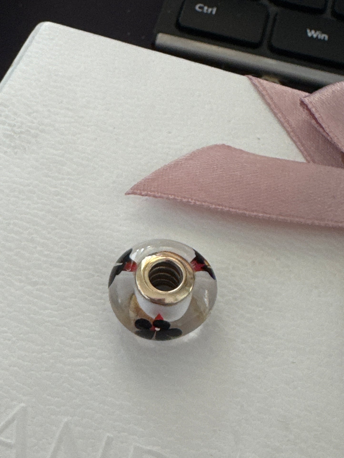 Genuine Pandora Solid 14ct Gold White Murano With Black and Red Flower Charm HTF