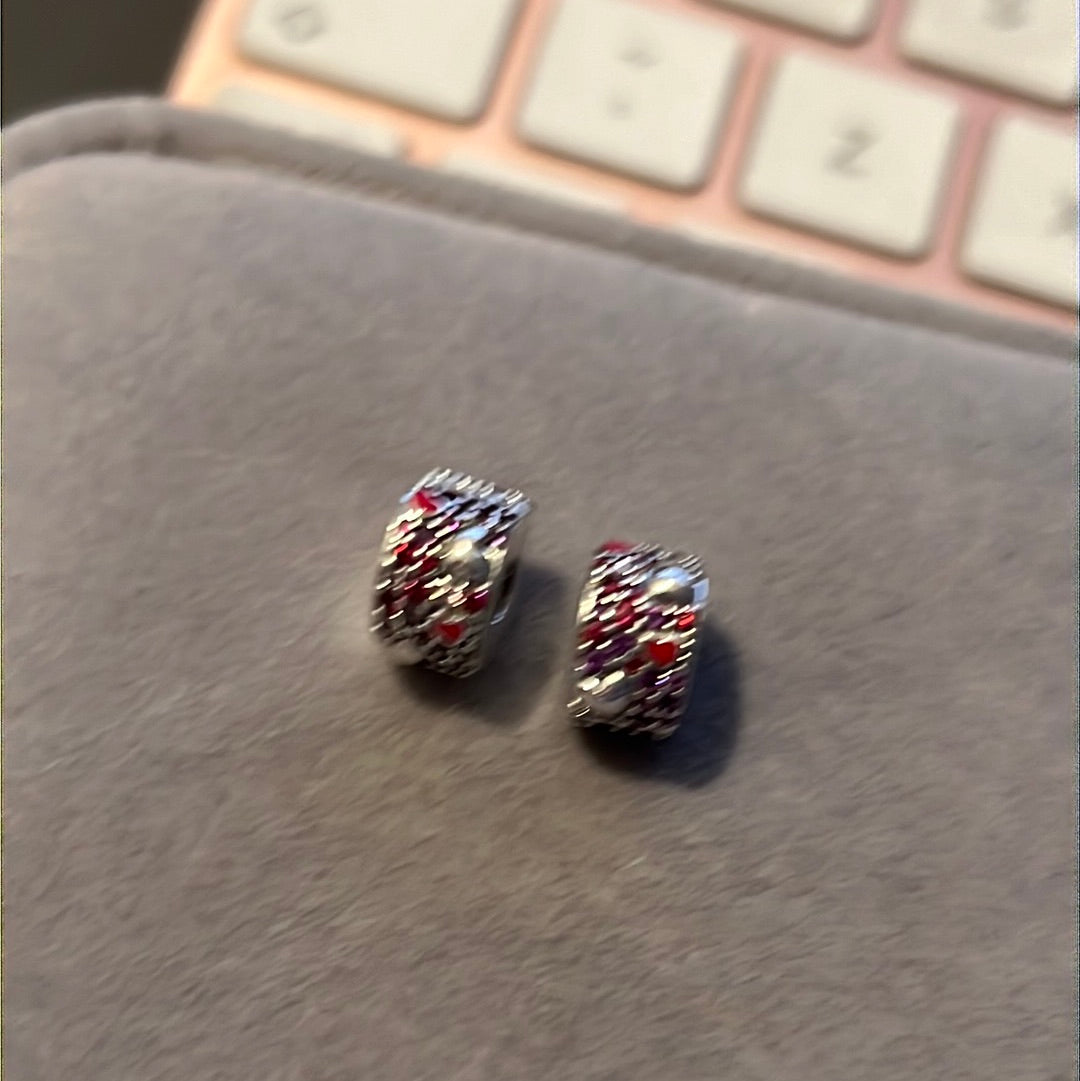 Genuine Pandora Pink and Purple Pave Heart Clips With Silicone PAIR