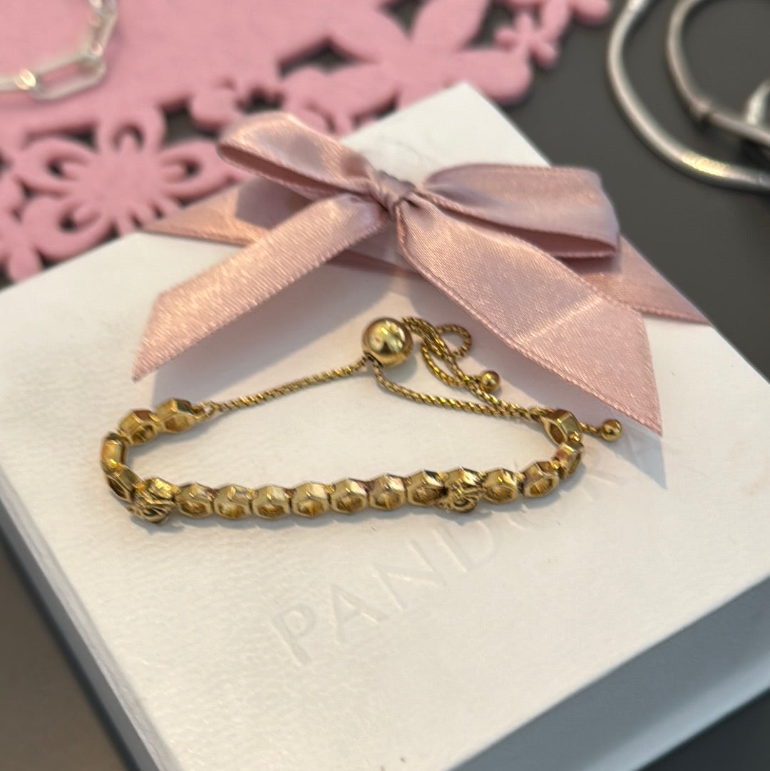 Genuine Pandora Shine Gold Plated Honeycomb Bee Slider Bracelet Adjustable