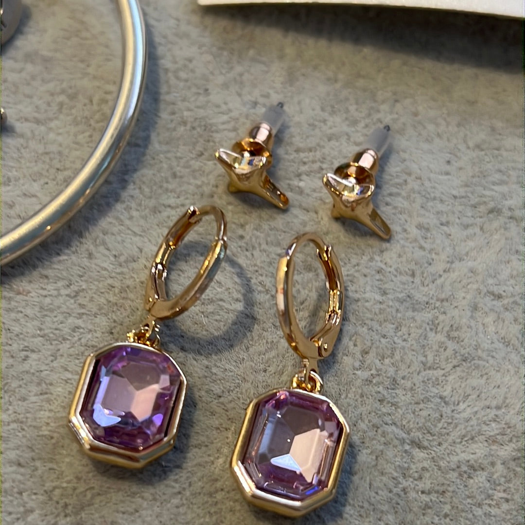Brand New Gold Plated Pink Rectangle Dangle Earrings and Star Stud Set