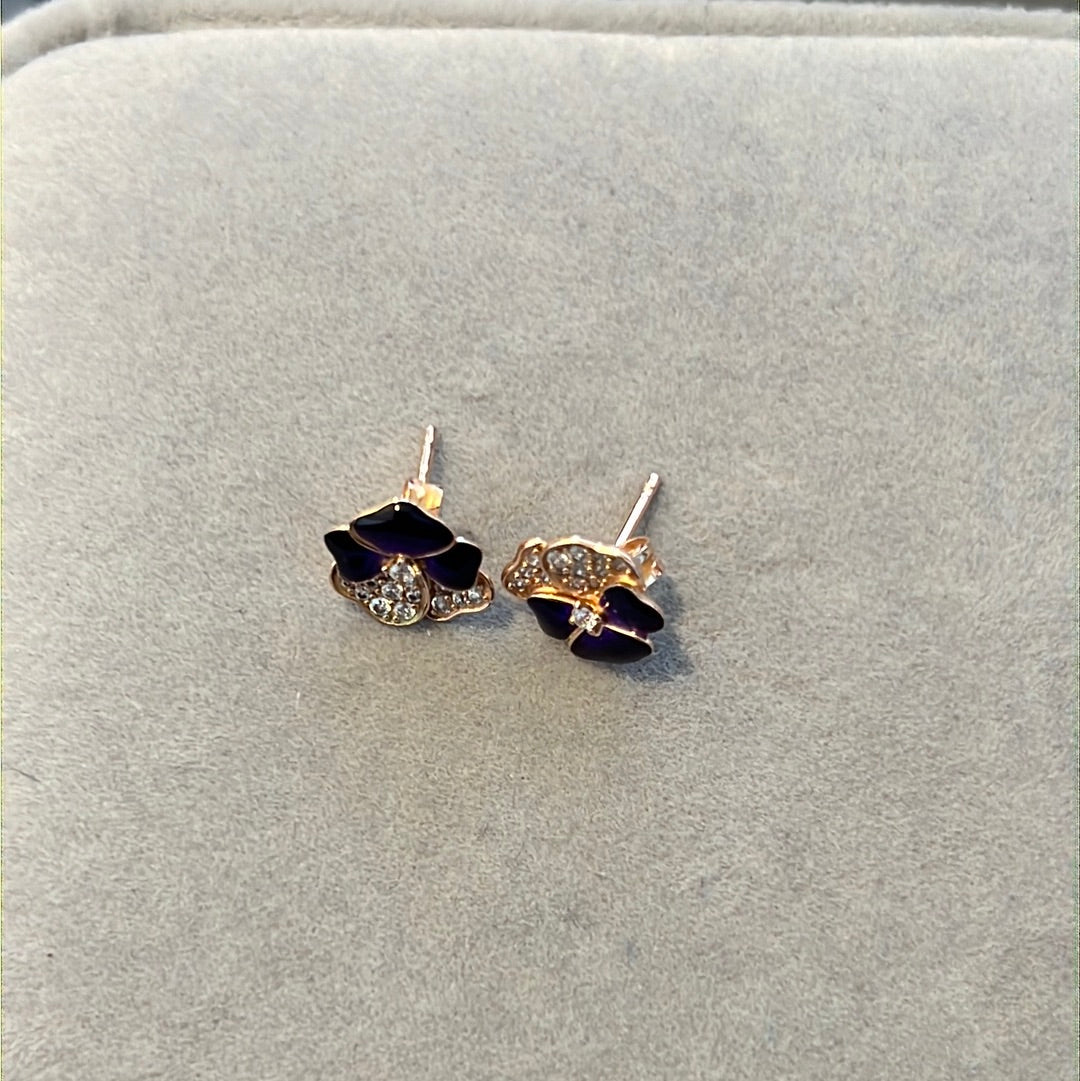 Genuine Pandora Rose Gold Pave Purple Pansy Flower Earrings