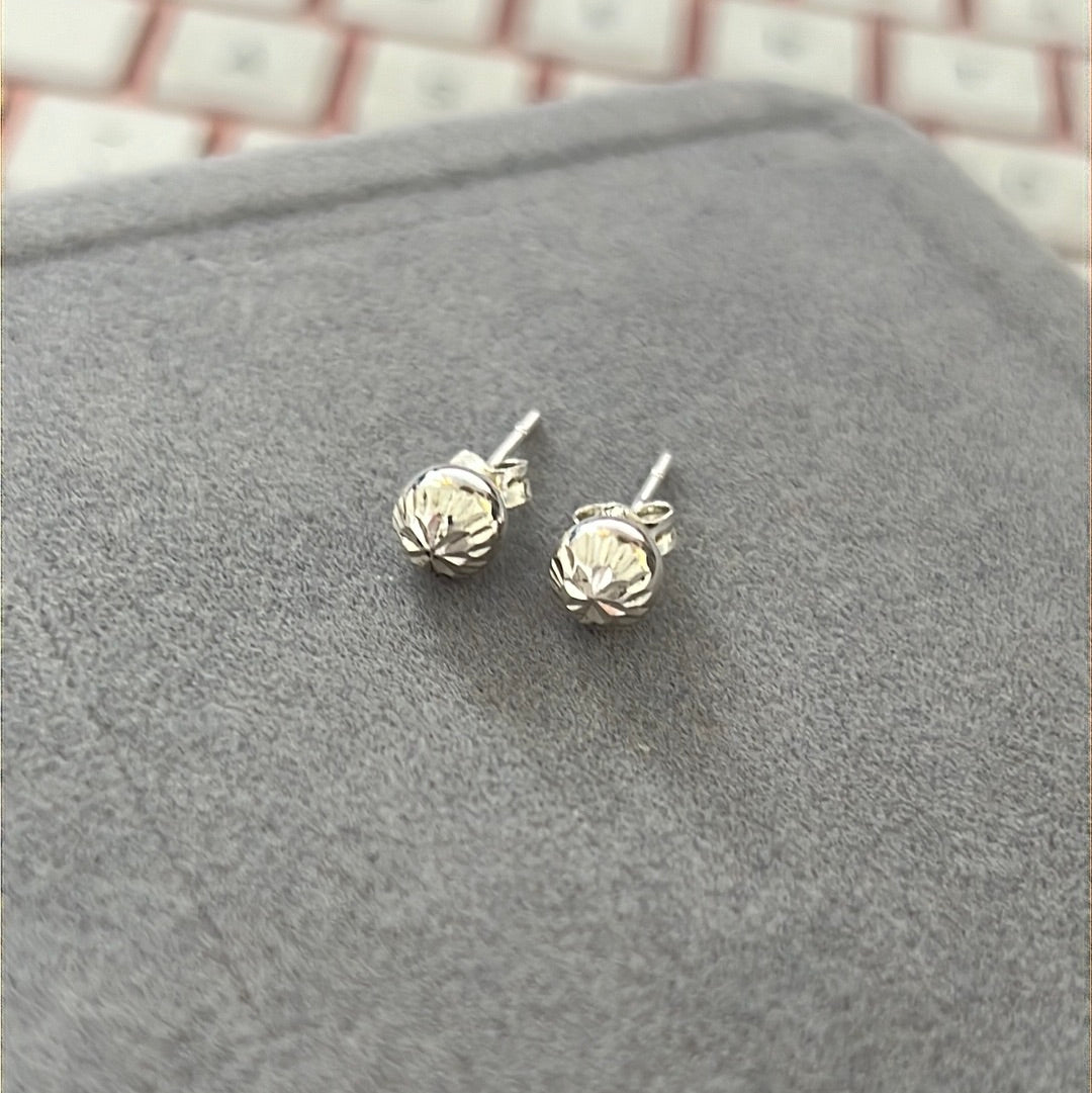 Sterling Silver Ball Earrings Studs With Etching Design