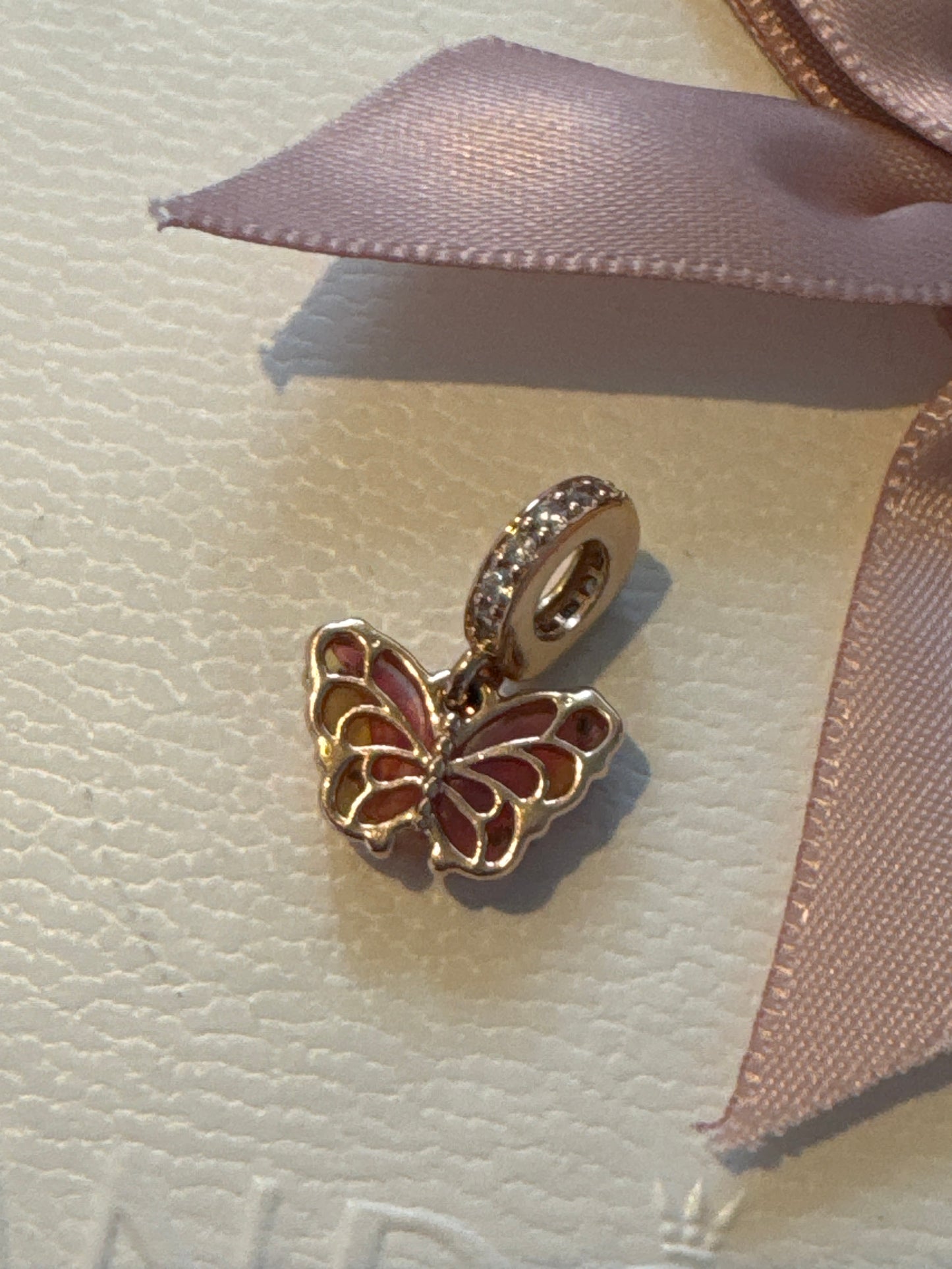 Genuine Pandora Rose Gold Pink & Yellow Murano Glass Butterfly Dangle Charm