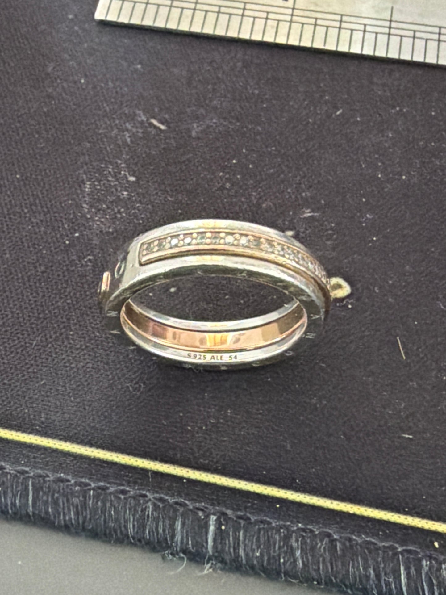 Genuine Pandora Silver and Rose Gold Pave Signature Ring Size 54