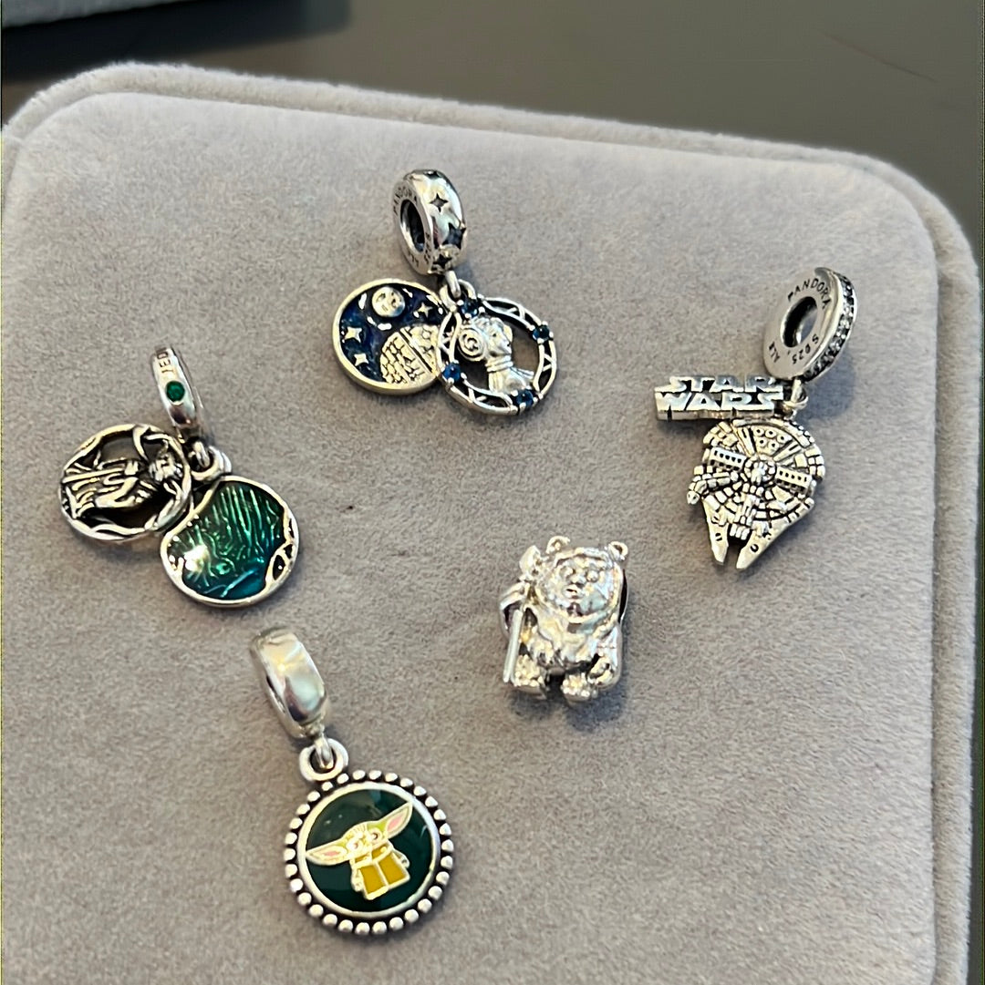 Bundle of Sterling Silver Star Wars Charms Yoda, Ewok, Falcon, Princess Laya