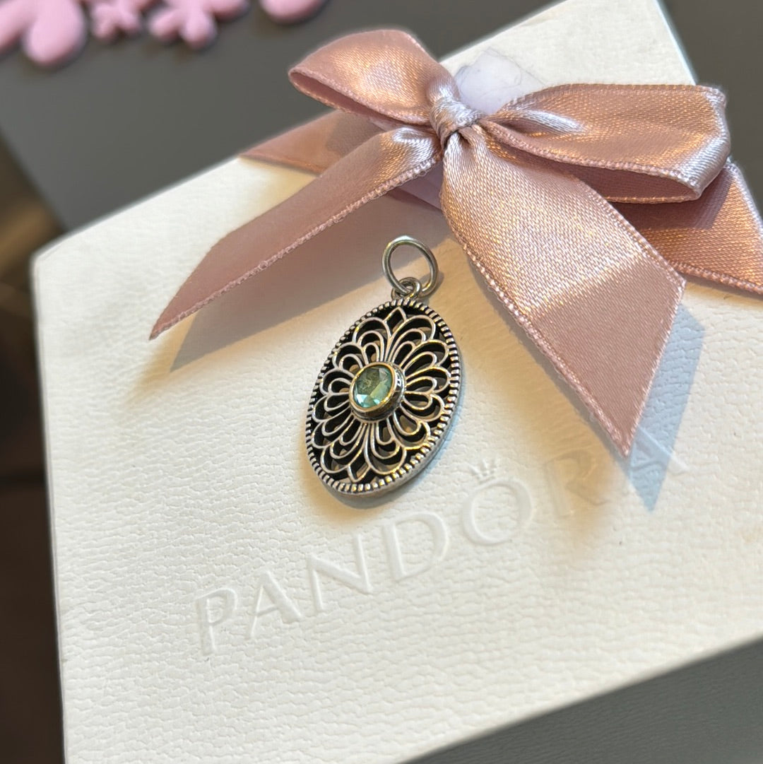 Genuine Pandora Two Tone Vintage Allure Openwork Peridot Dangle Pendant RARE