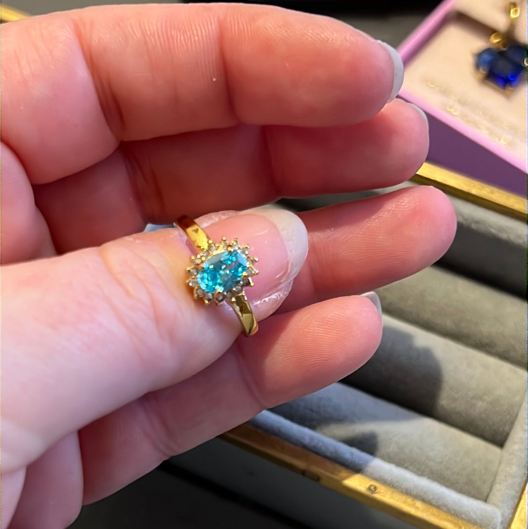 Brand New Gold Plated Pave Light Blue Oval CZ Heart Ring 54