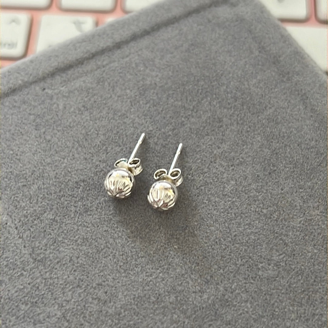 Sterling Silver Ball Earrings Studs With Etching Design