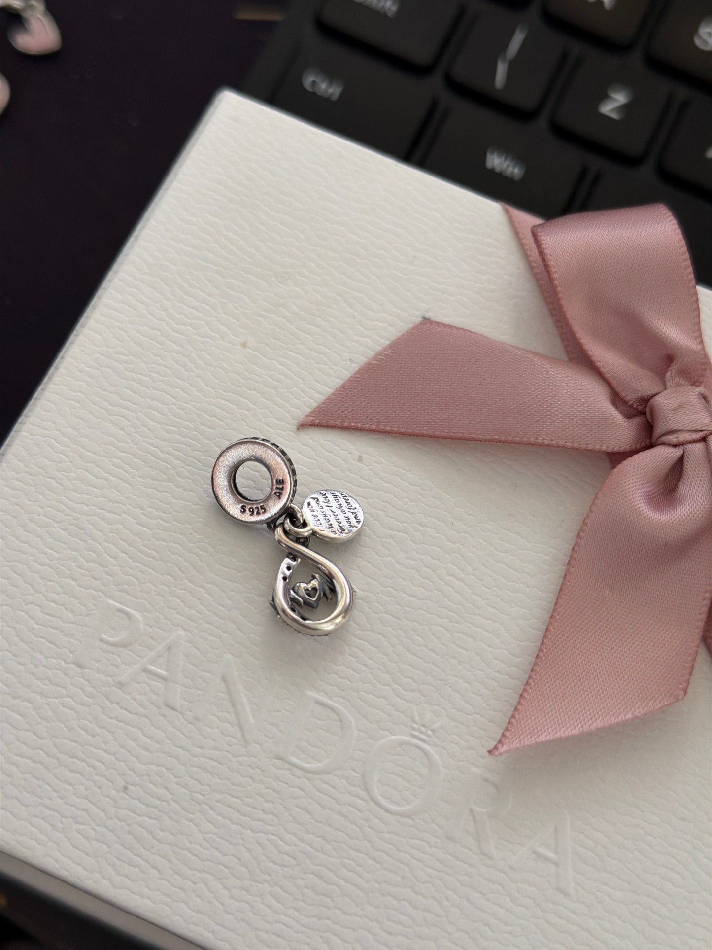 Genuine Pandora Mum I Love You Forever and Always Heart Pink Pave Dangle Charm