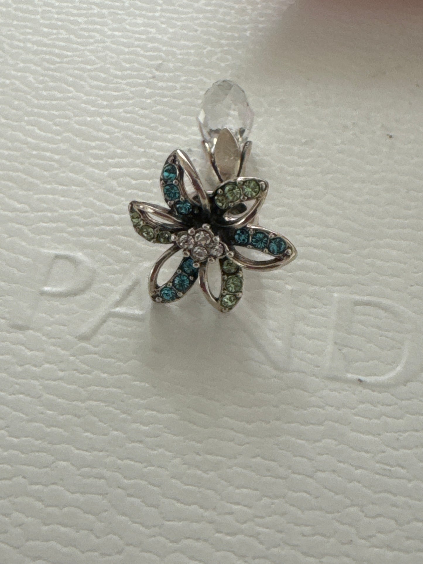 Genuine Chamilia Green & Blue Pave Flower Dangle Charm With Glass Droplet