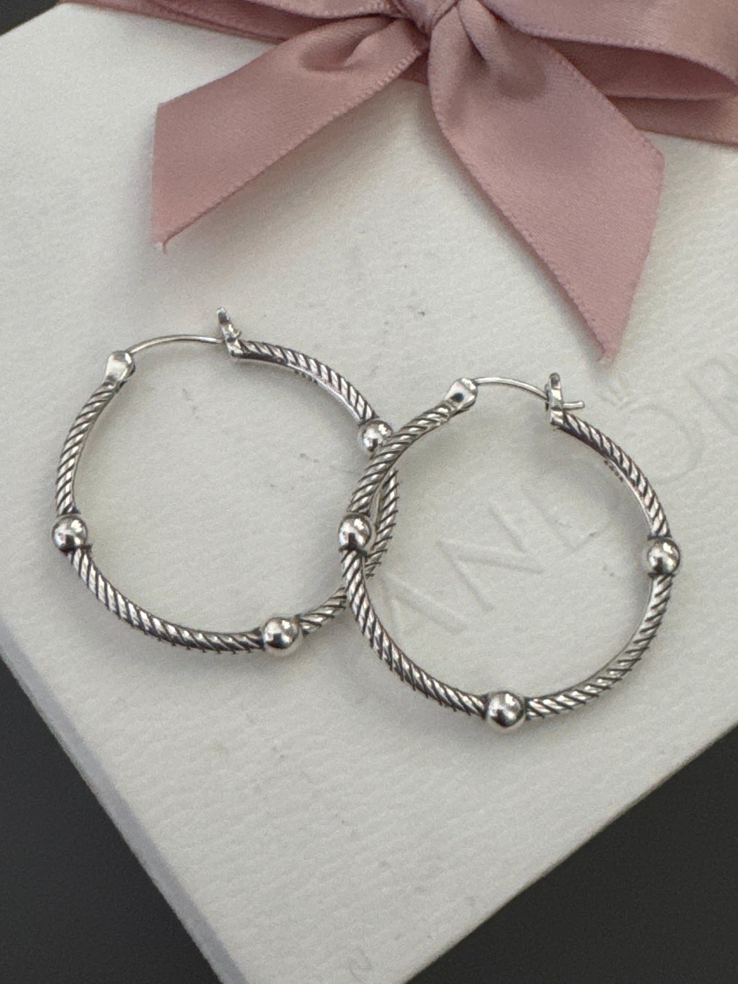 Sterling Silver Large Beaded Hoop Earrings