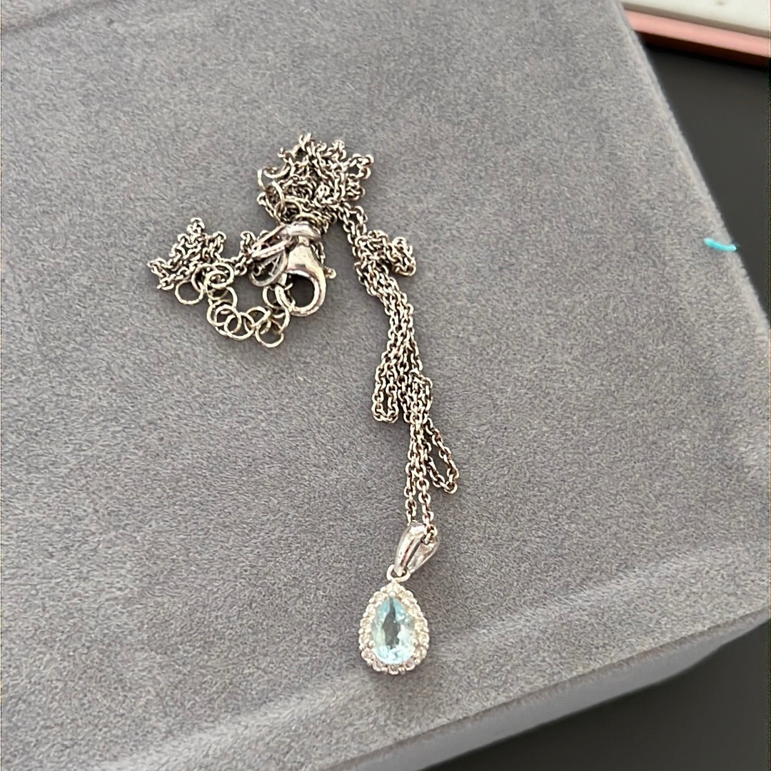 Sterling Silver Pave Teardrop Light Blue Stone Necklace 40cm Drop - Choker / Kids Length