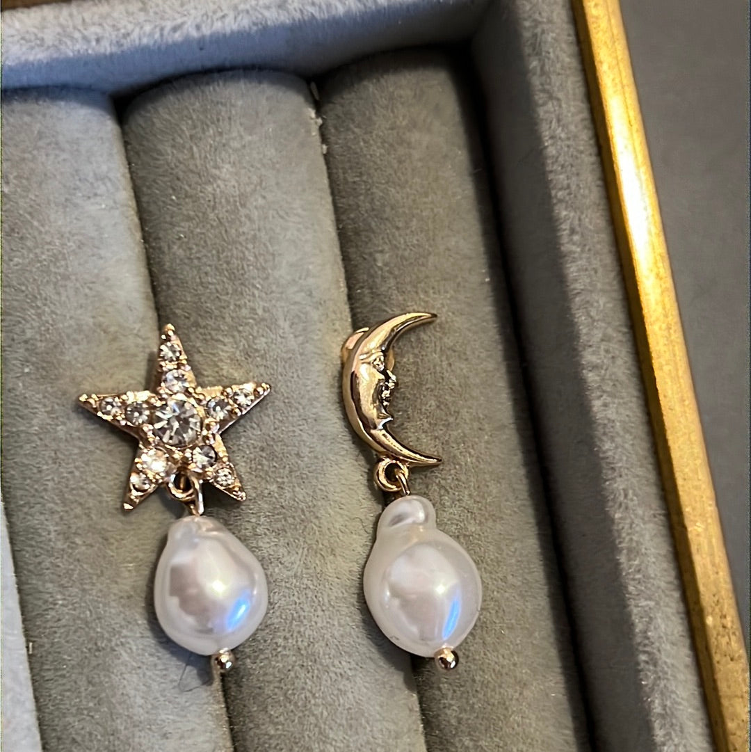 Brand New Pave Moon and Star Dangle Pearl Earrings