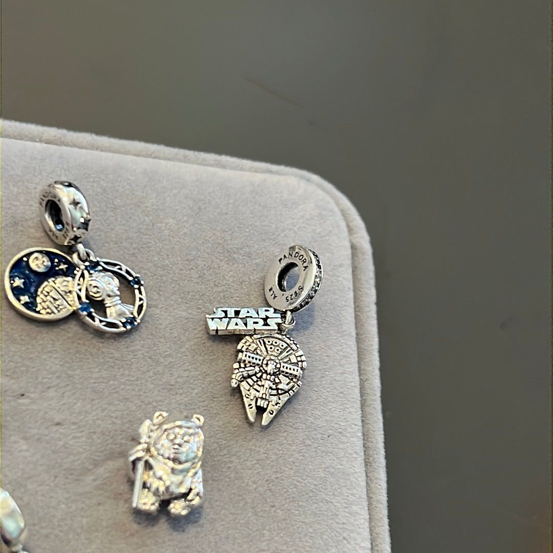 Bundle of Sterling Silver Star Wars Charms Yoda, Ewok, Falcon, Princess Laya