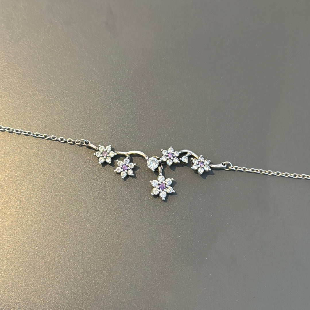 Genuine Pandora Purple Pave Dangle Forget Me Not Necklace 50cm Max Drop
