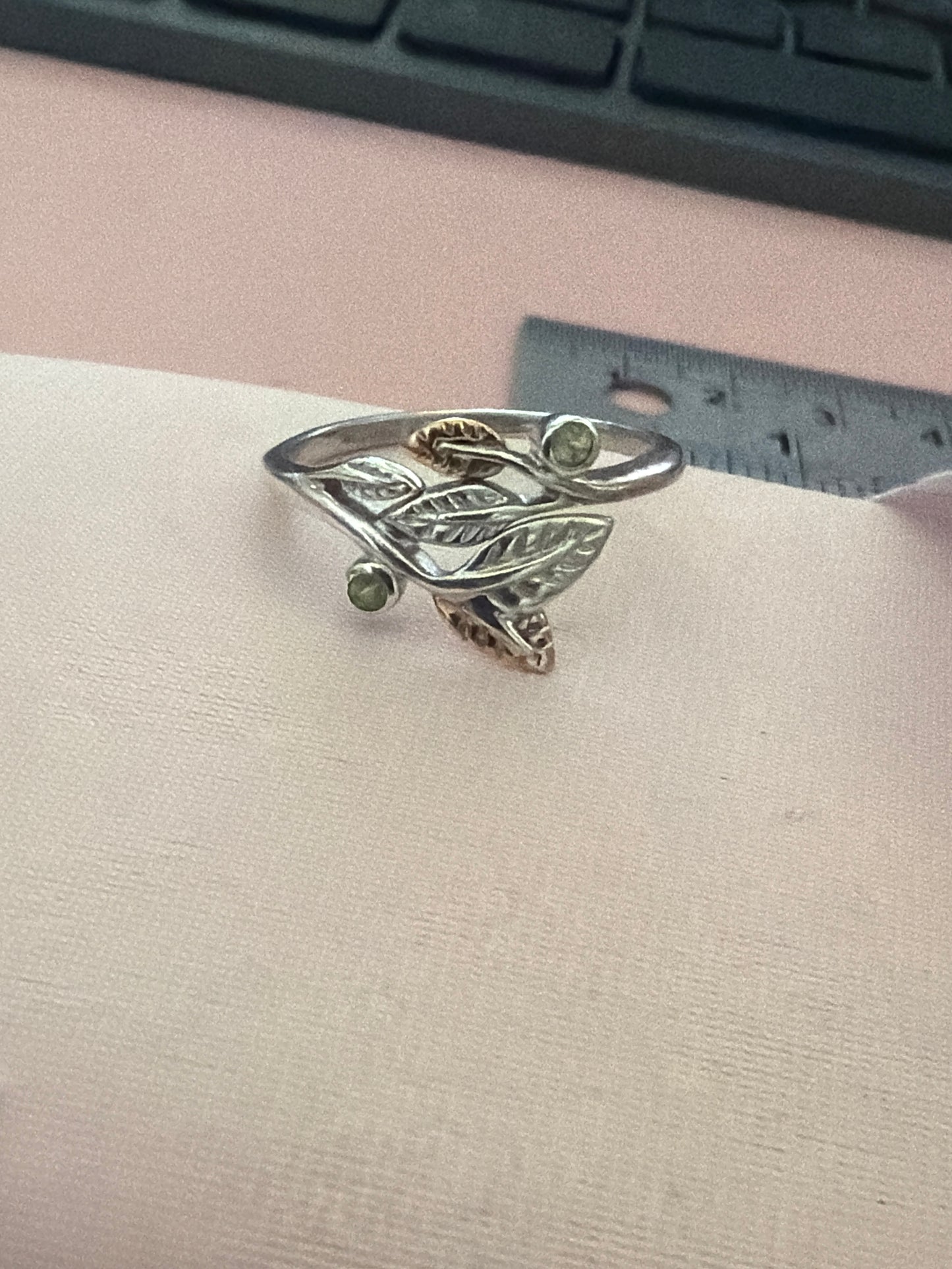 Genuine Welsh Clogau Silver & 9ct Rose Gold Peridot Leaf Laurel Ring
