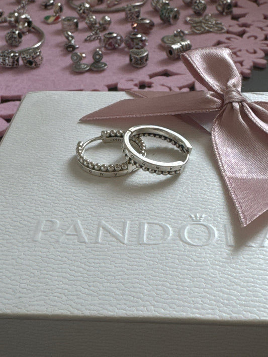 Genuine Pandora Signature Logo Hoops Beaded Double Earrings