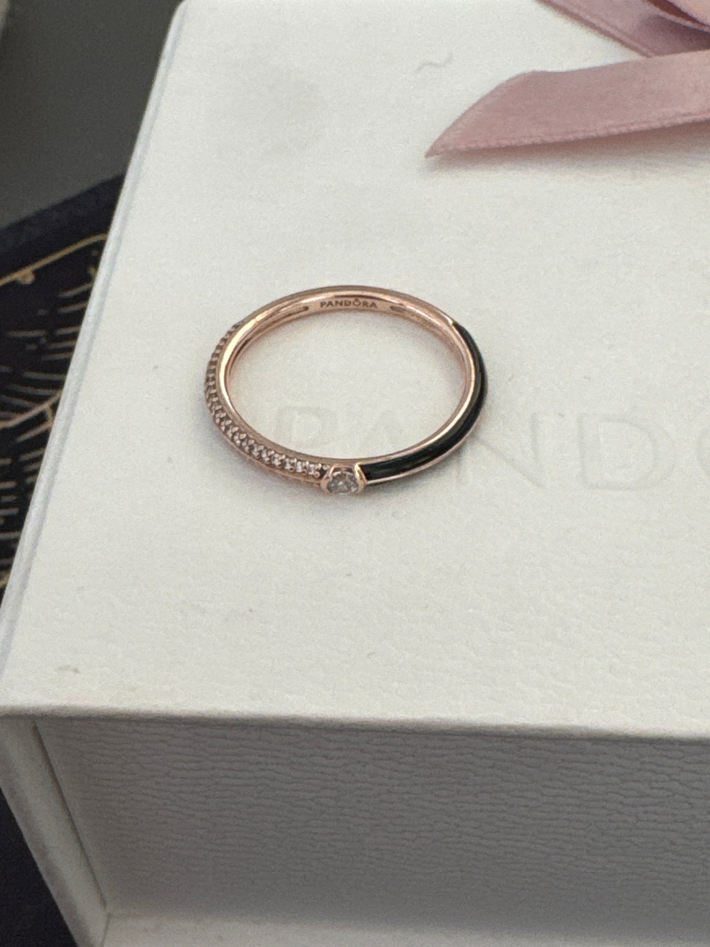 Genuine Pandora Rose Gold Half Enamel Black and Half Pave With CZ Ring 60