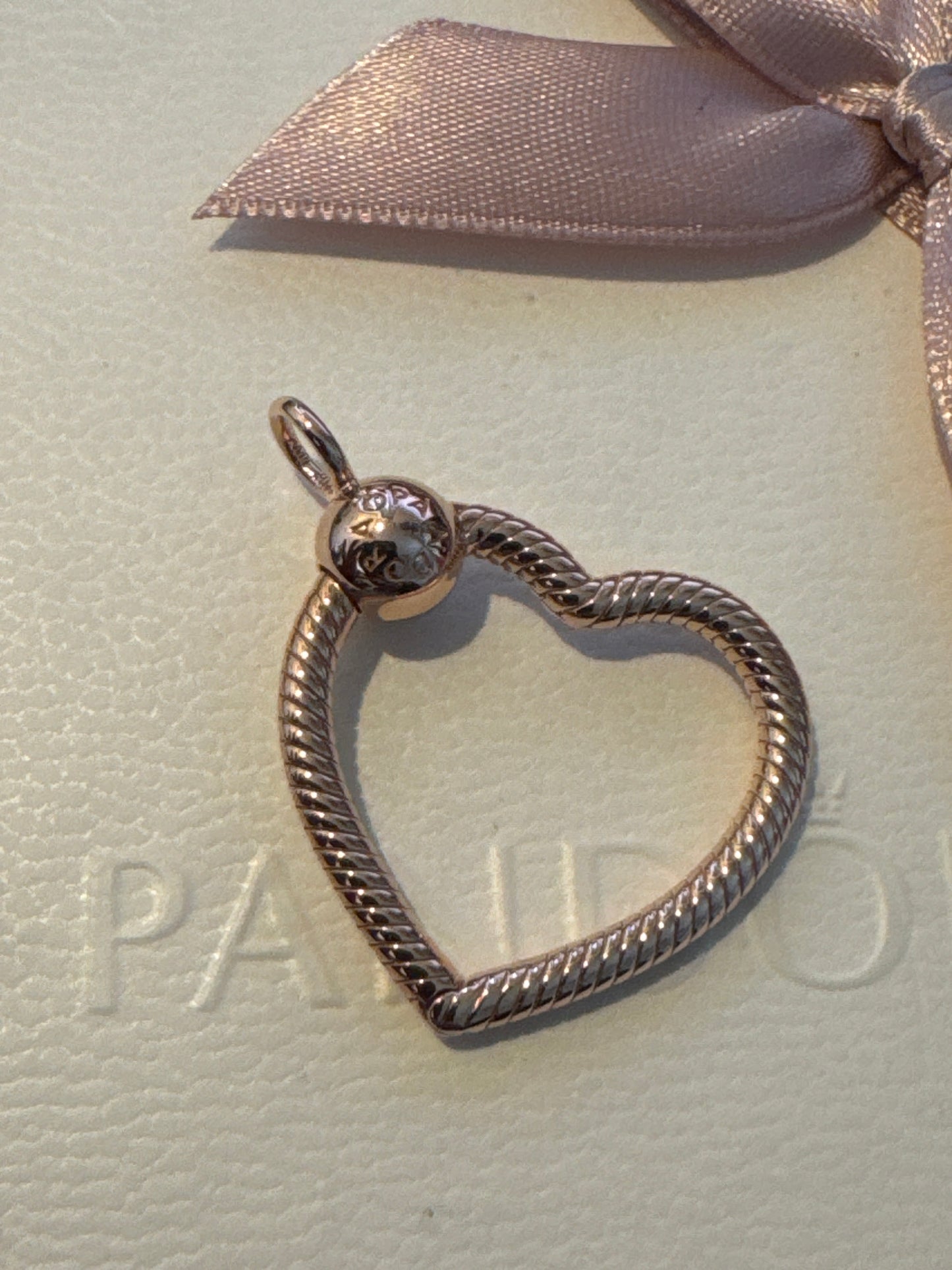 Genuine Pandora Rose Gold Heart Shaped O Charm Carrier Pendant - NO CHAIN