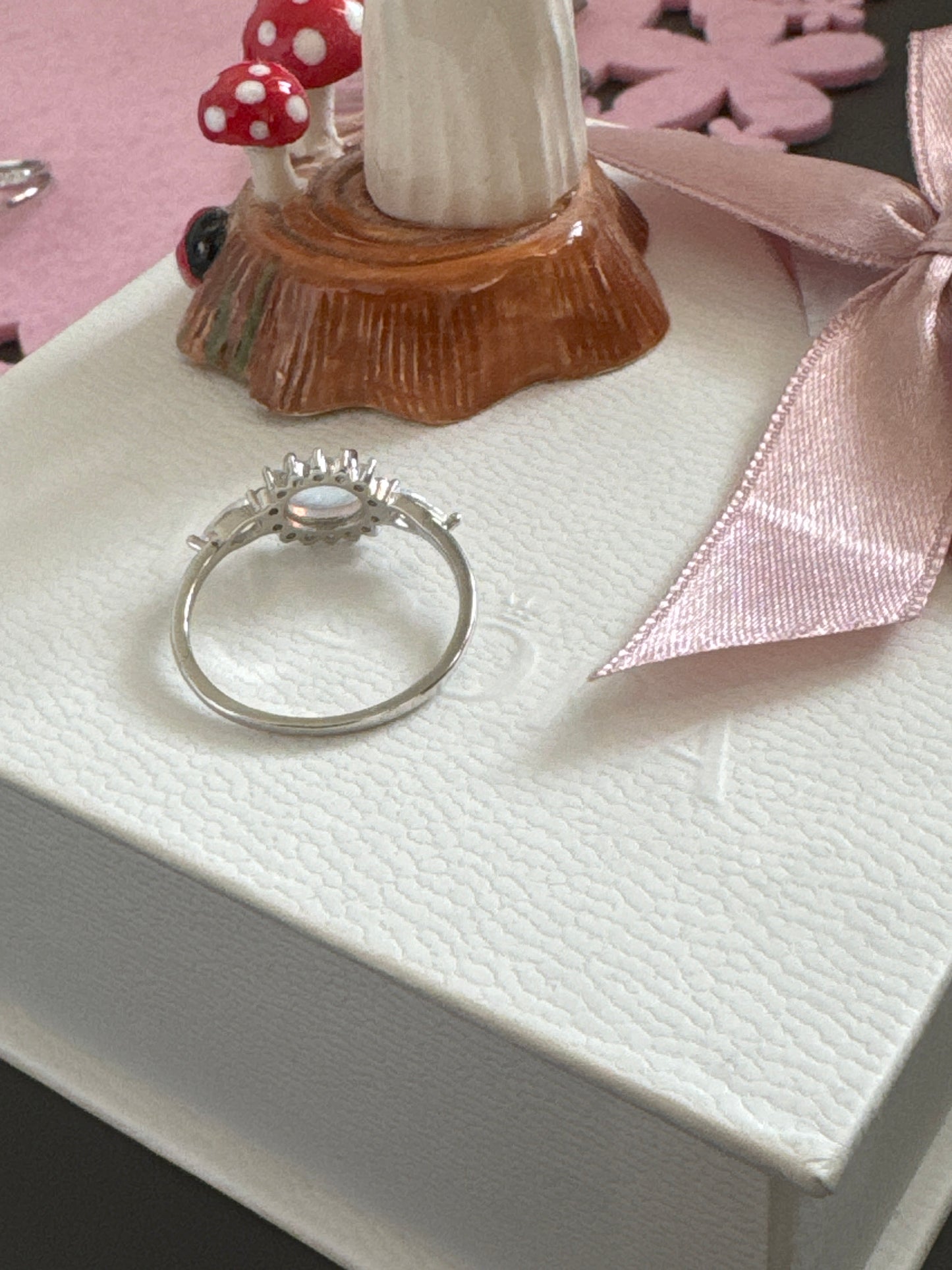Sterling Silver Pave Oval Opal Glass Ring Size 58