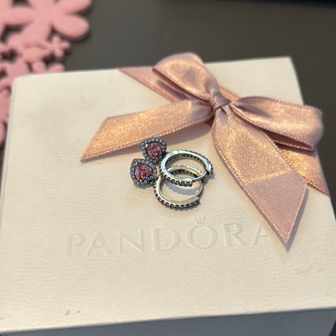 Genuine Pandora Pink CZ Heart Earrings Dangle Hoop