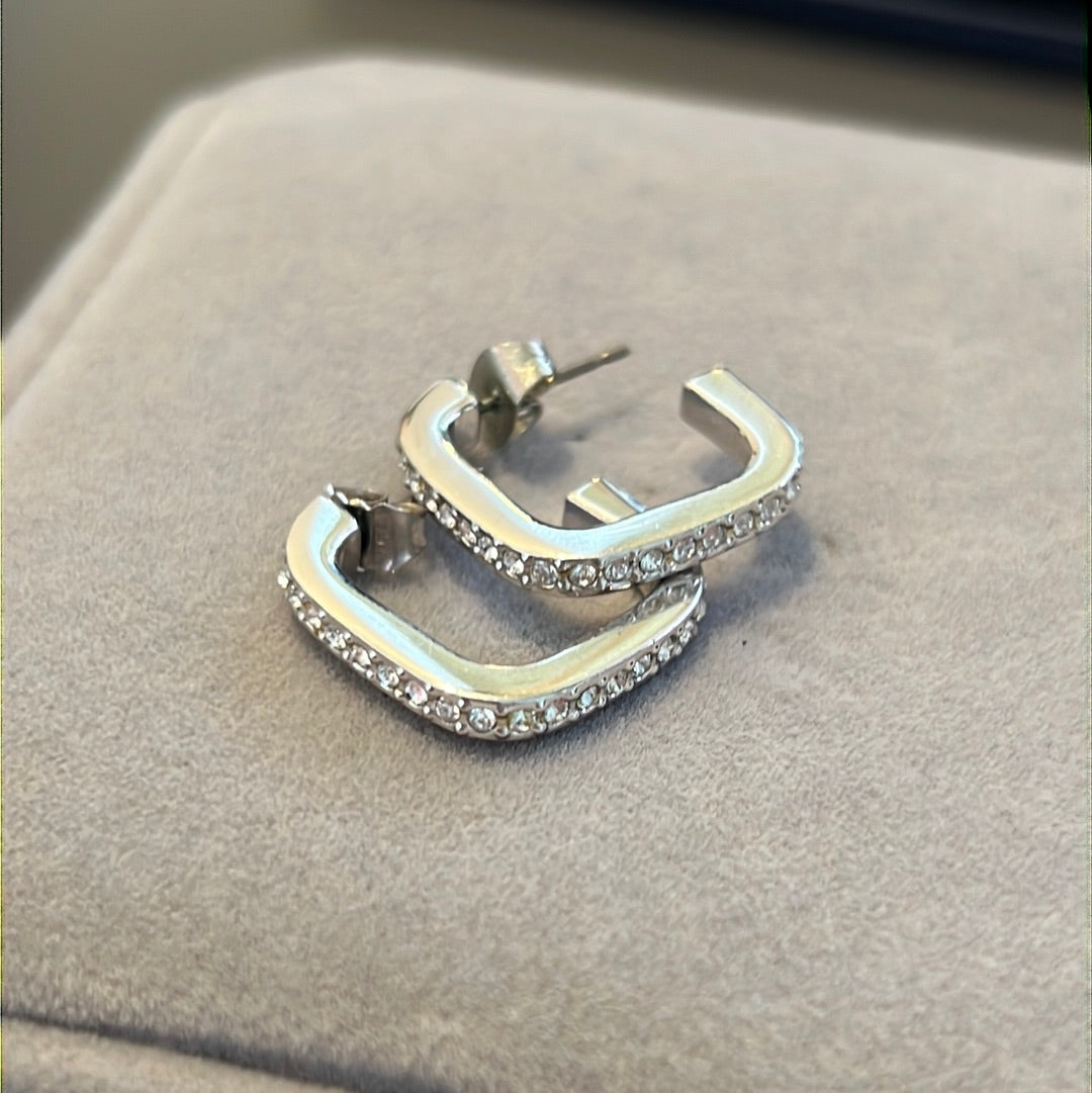 Silver Plated CZ Pave Square Hoop Earrings