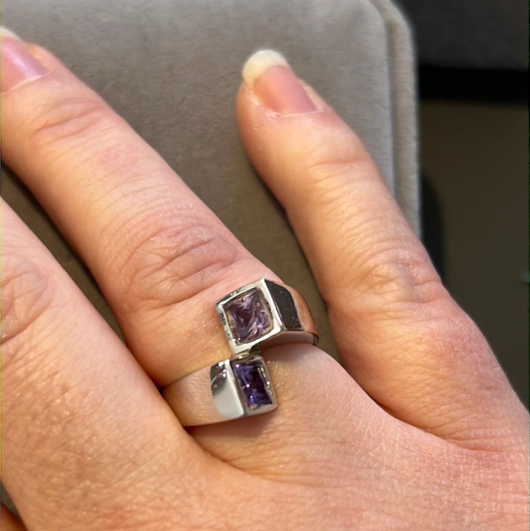 Sterling Silver Purple Square CZ Cross Ring 54