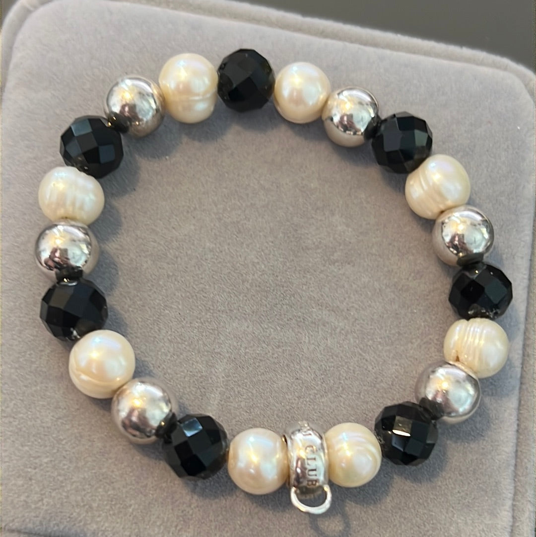 Genuine Thomas Sabo White Pearl, Onyx and Silver Ball Stretch Bracelet Medium