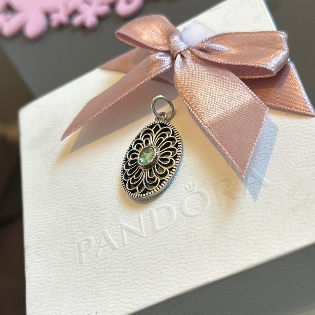 Genuine Pandora Two Tone Vintage Allure Openwork Peridot Dangle Pendant RARE