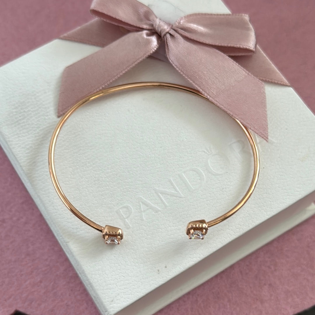 Genuine Pandora Rose Gold Bangle With Open Clear Stones Size 3 Large