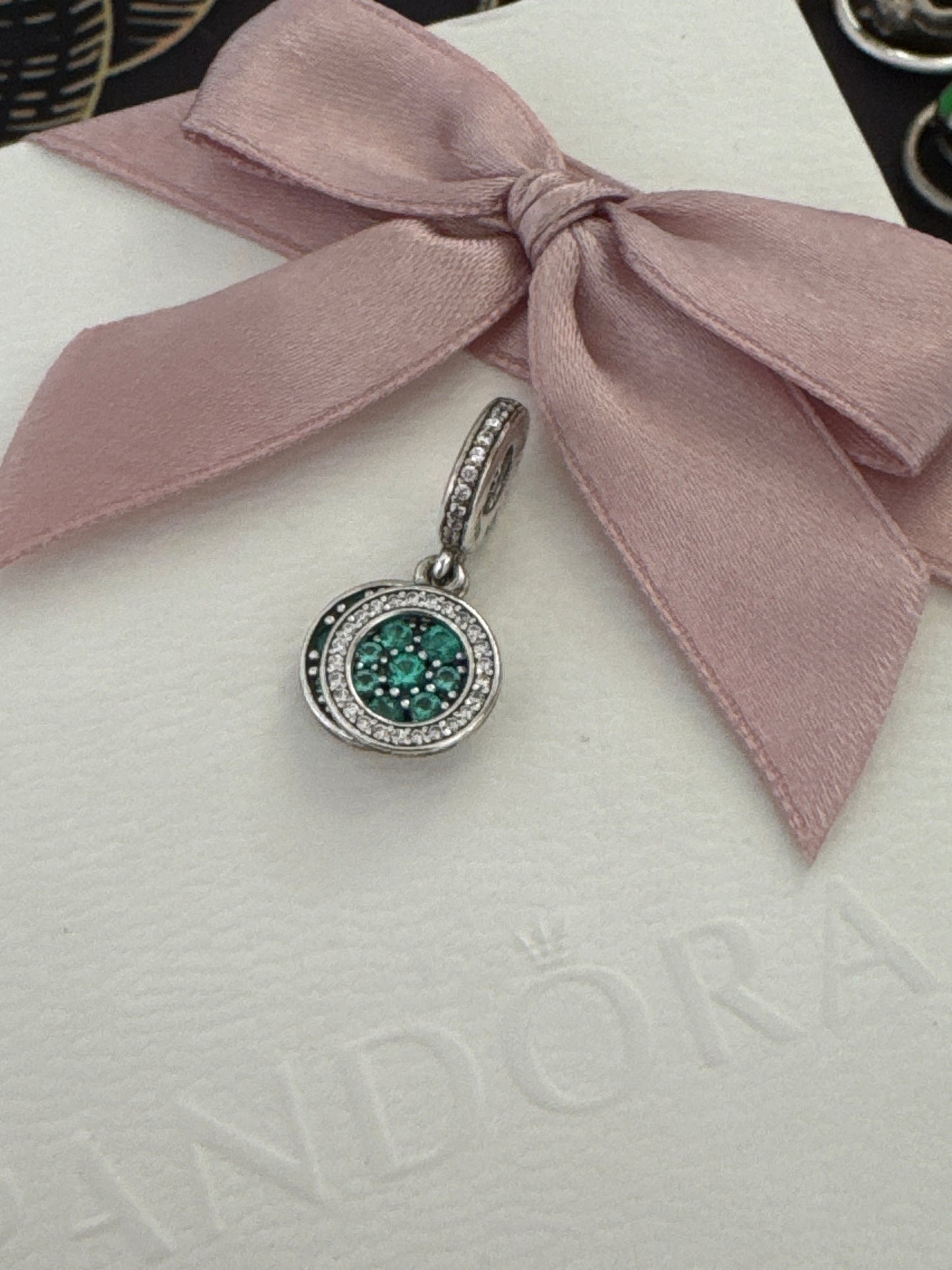 Genuine Pandora Green Pave Sparkling Circle Dangle Pendant Charm