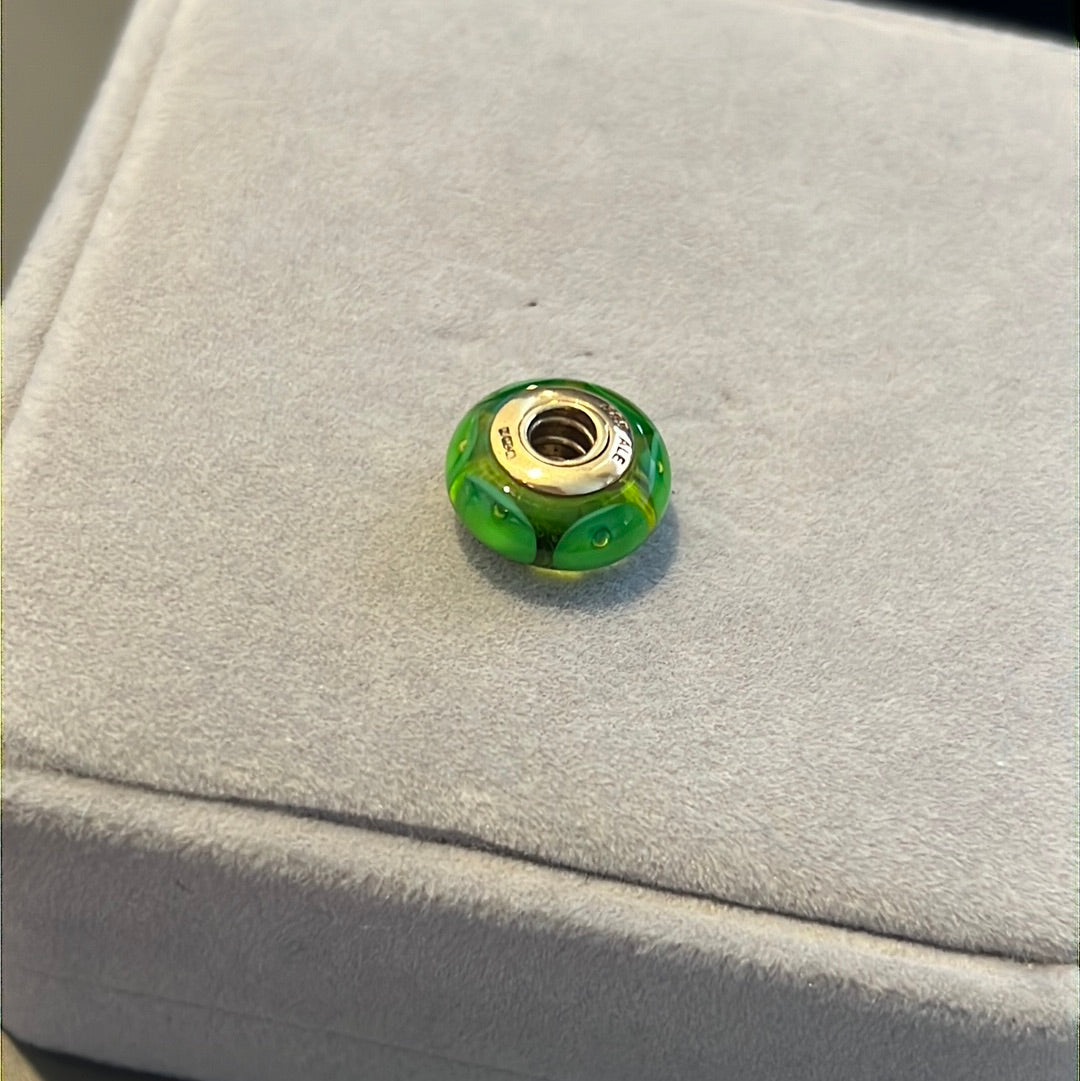 Genuine Pandora Solid 14ct Green Dotted Gold Glass Mystic Murano Charm HTF