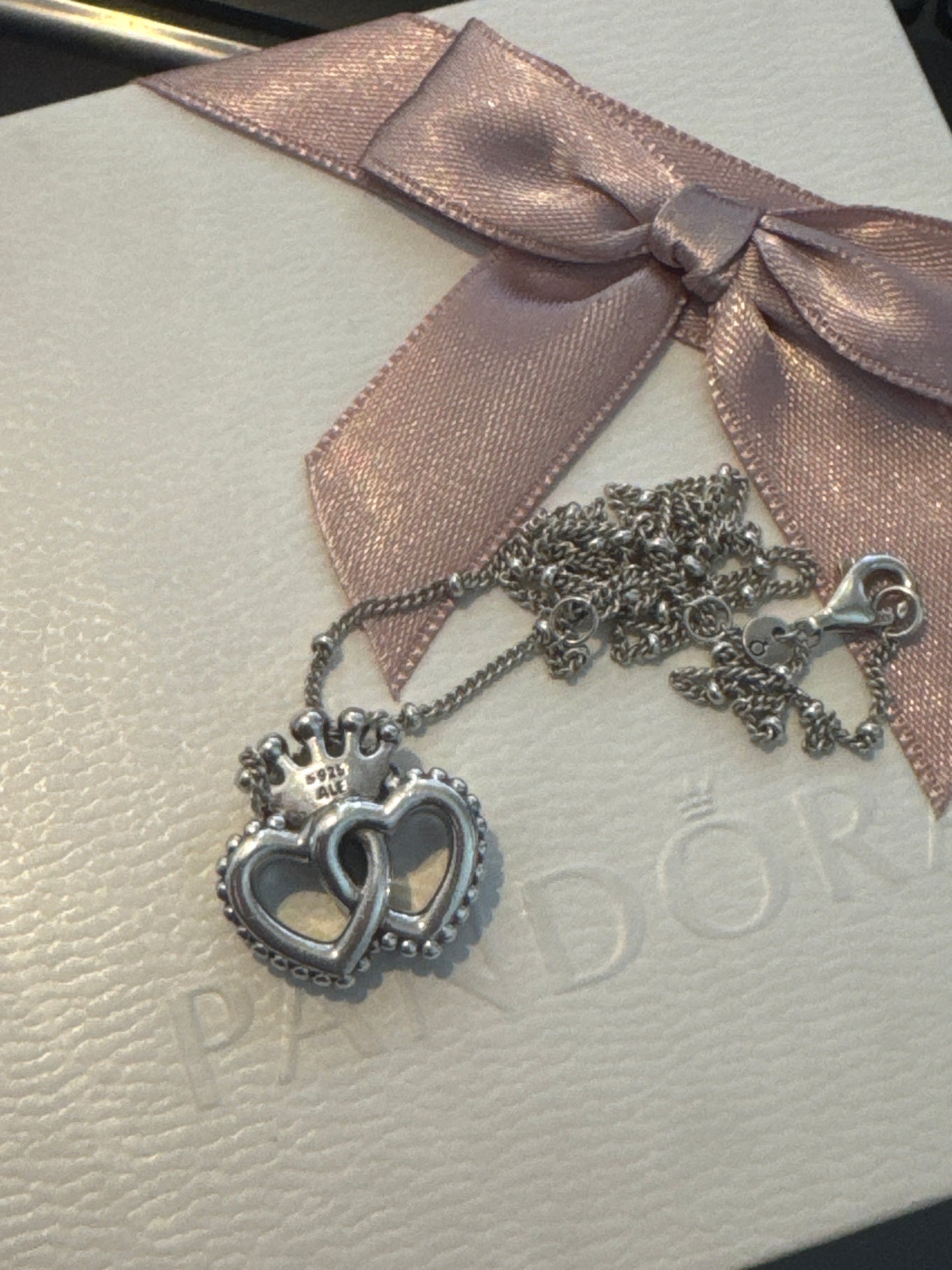 Genuine Pandora Double Heart and Crown Charm Pendant Necklace