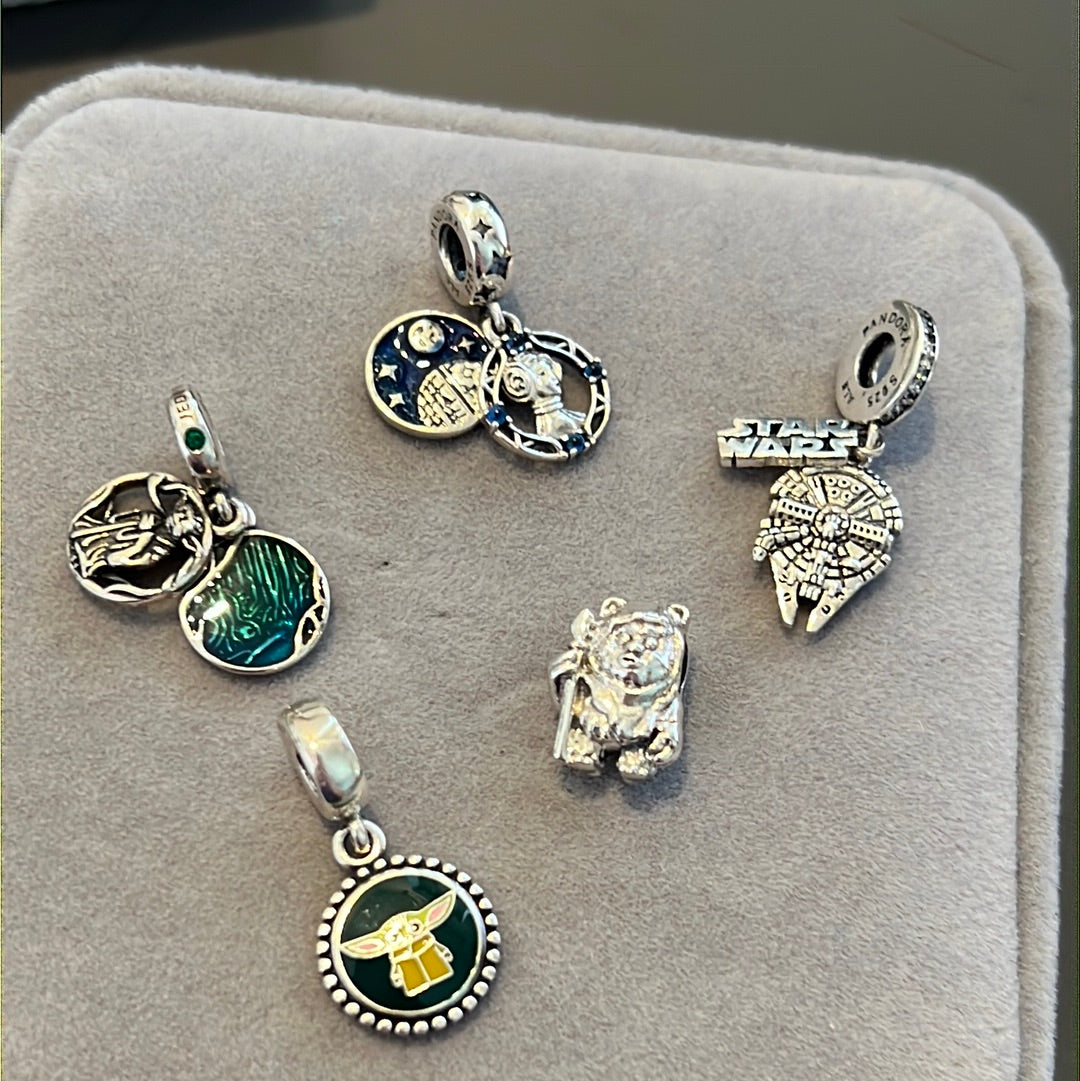 Bundle of Sterling Silver Star Wars Charms Yoda, Ewok, Falcon, Princess Laya