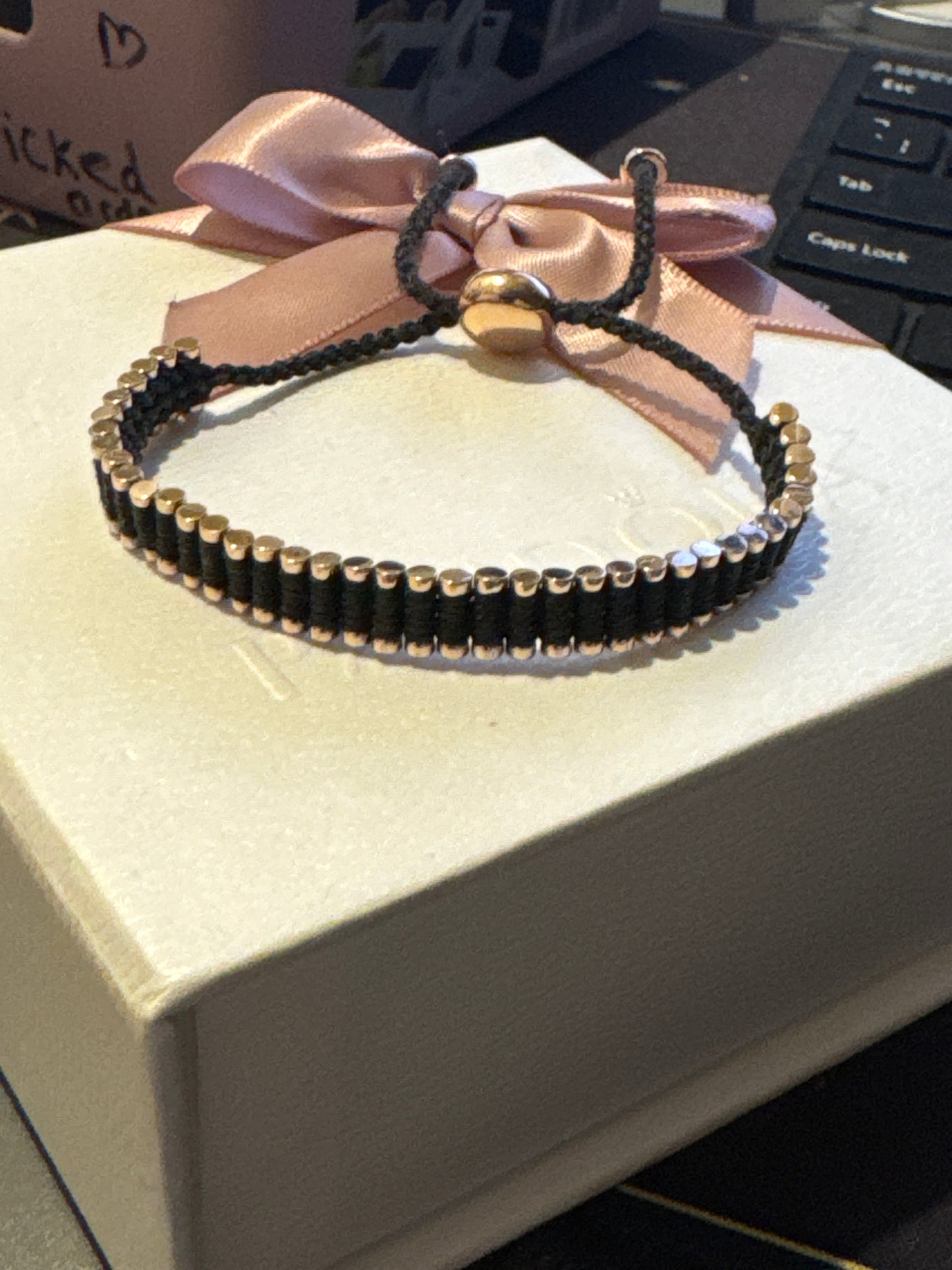 Genuine Links Of London Rose Gold Plated Friendship Bracelet Black