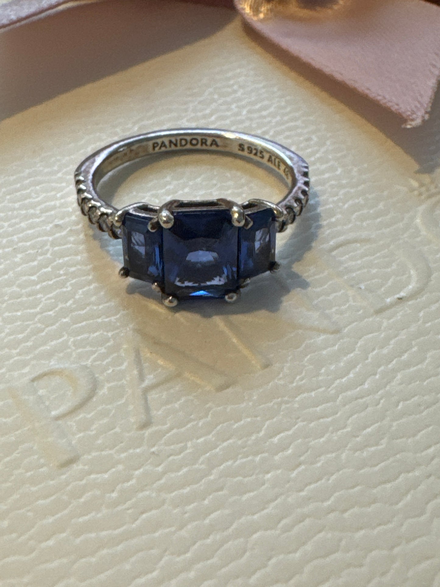 Genuine Pandora Pave Blue Rectangle Stone Ring Size 60