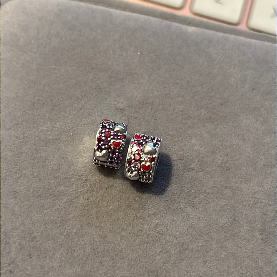 Genuine Pandora Pink and Purple Pave Heart Clips With Silicone PAIR