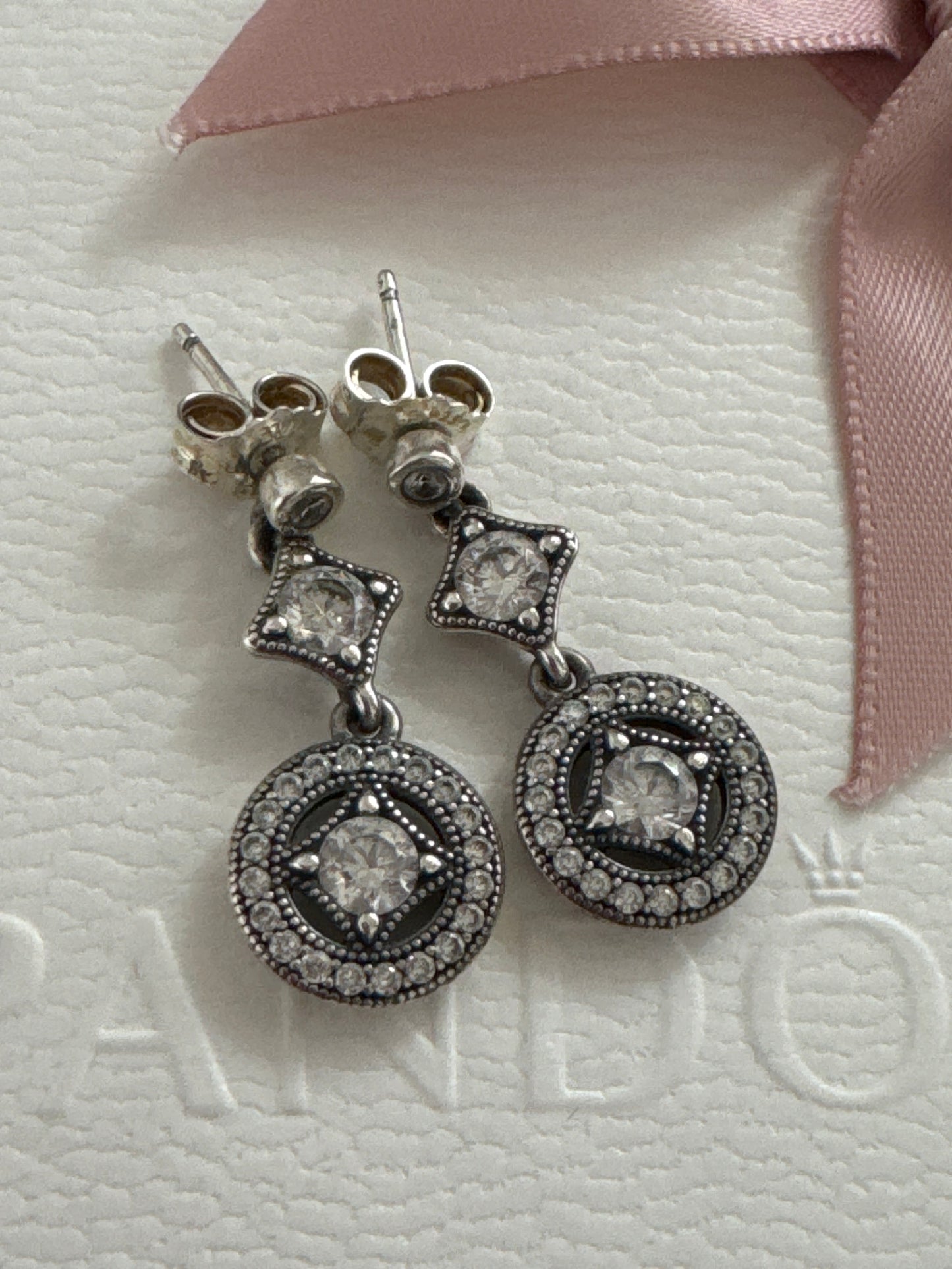 Genuine Pandora Vintage Elegance Pave HTF Rare CZ Dangle Earrings