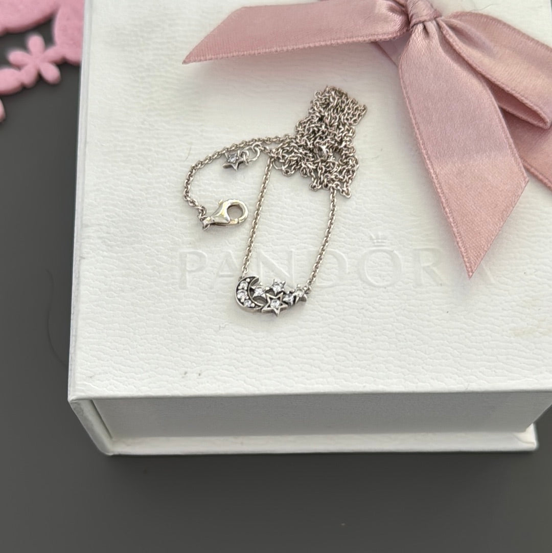 Genuine Pandora Sparkling Moon & Star Collier Necklace 45cm