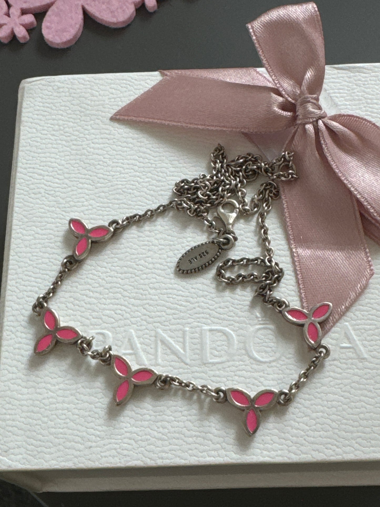 Genuine Pandora Enamel Flower Pink Necklace Rare HTF