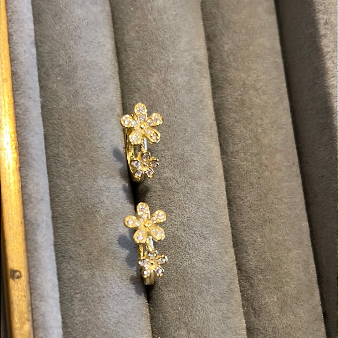 Brand New Sterling Silver Gold Plated Pave Cz Clear Daisy Hoop Earrings