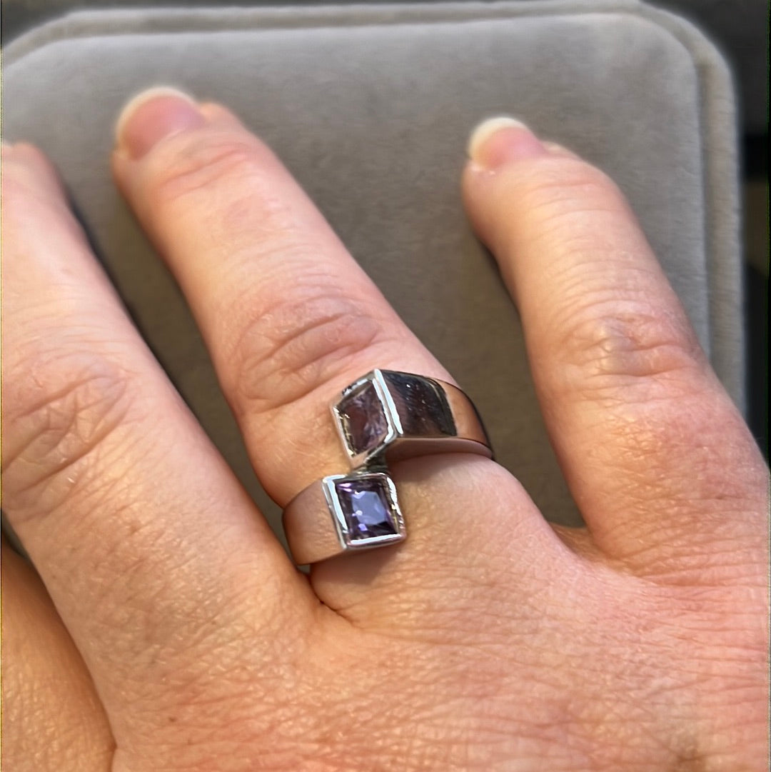 Sterling Silver Purple Square CZ Cross Ring 54