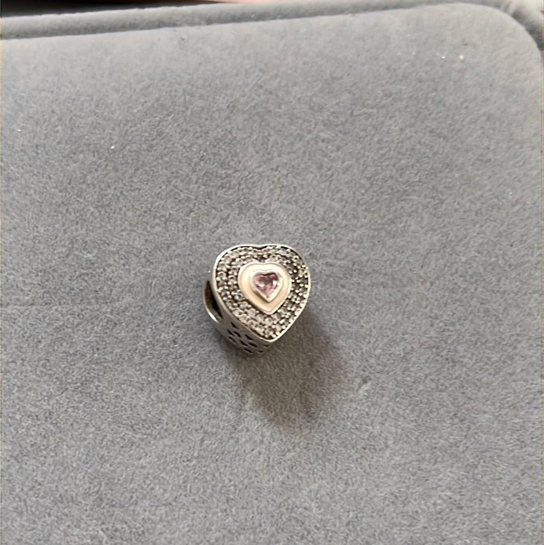 Sterling Silver Pave Heart With Pink Stone in Middle Charm