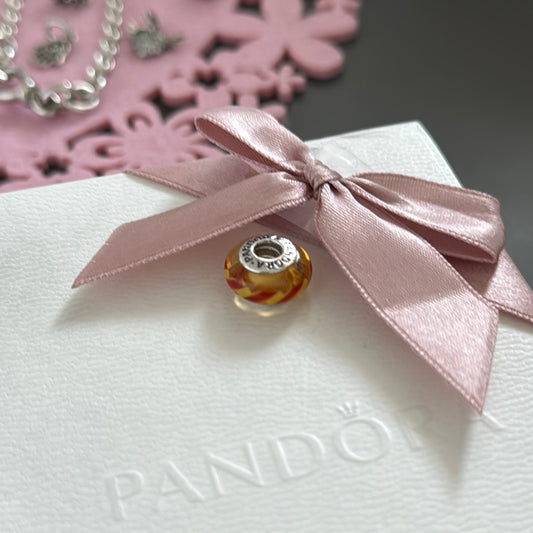 Genuine Pandora Glass Murano Charm Orange and Red Stripe