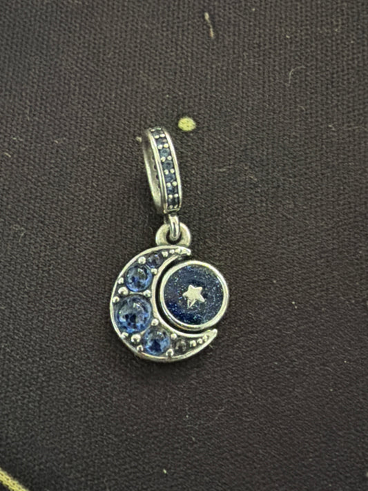 Genuine Pandora Blue Sparkling Moon Spinning Dangle Charm
