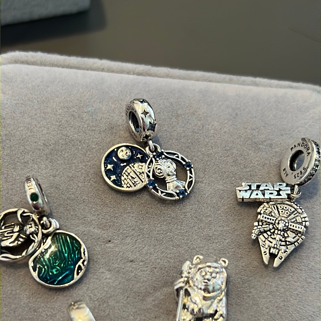 Bundle of Sterling Silver Star Wars Charms Yoda, Ewok, Falcon, Princess Laya