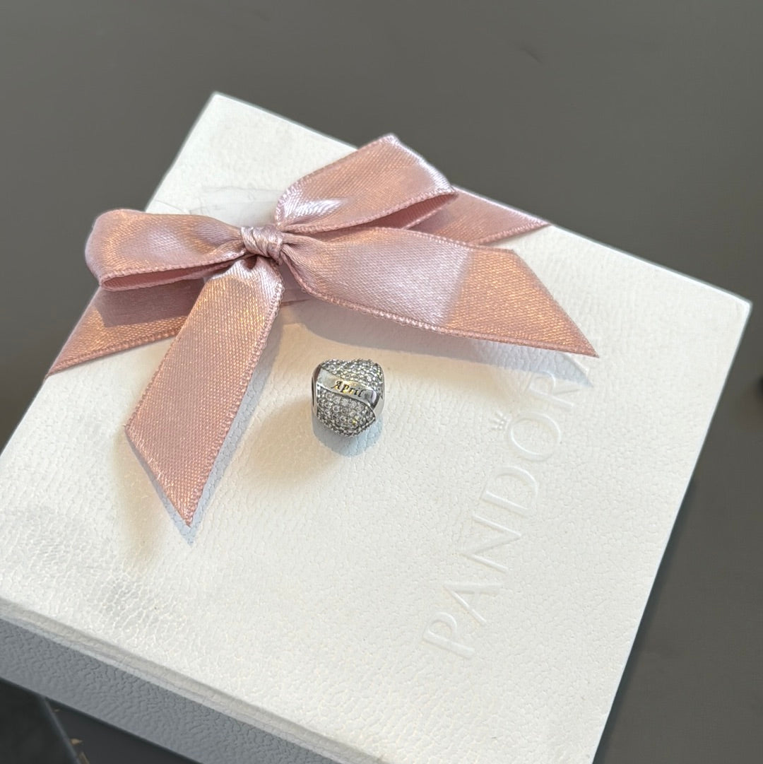 Sterling Silver Clear Pave Heart April Birthstone Charm