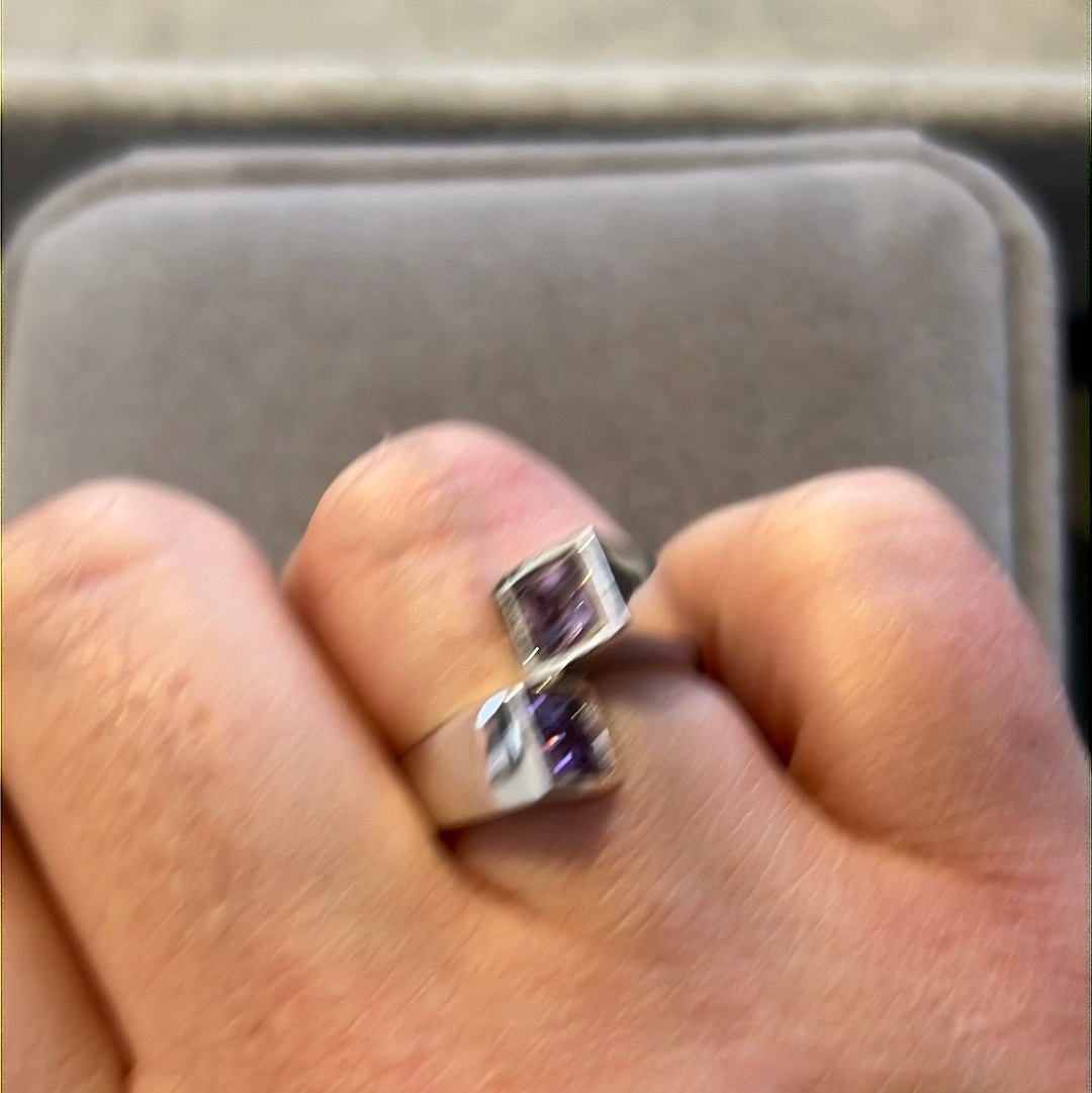 Sterling Silver Purple Square CZ Cross Ring 54