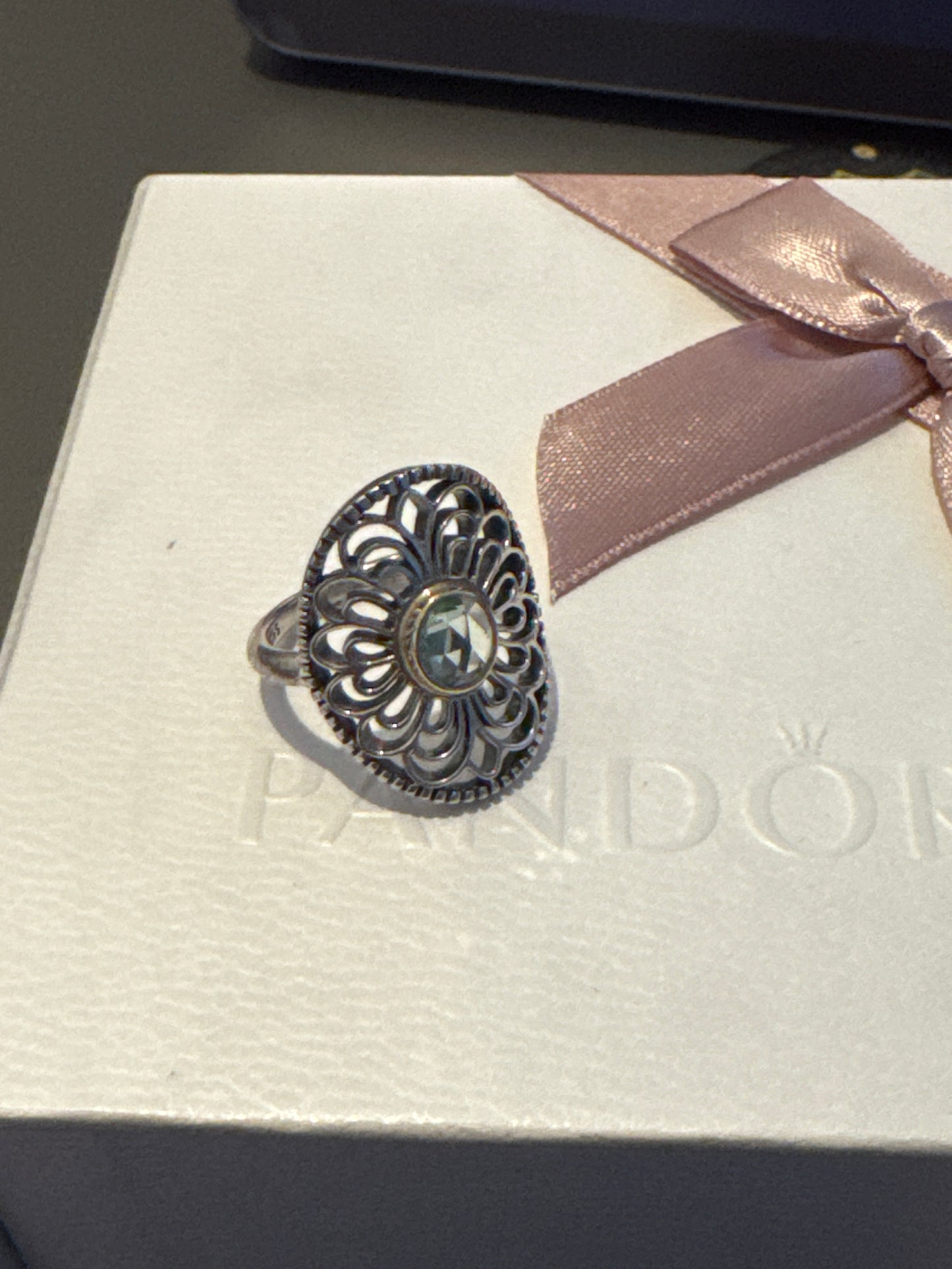 Genuine Pandora Two Tone Vintage Allure Openwork Peridot Ring 52
