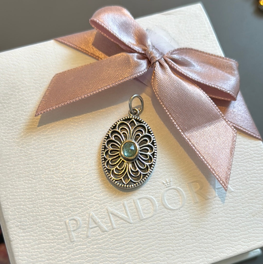 Genuine Pandora Two Tone Vintage Allure Openwork Peridot Dangle Pendant RARE